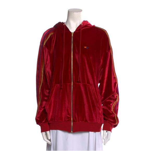 (XL) Aviator Nation Classic Velvet Zip Rainbow Stripe Sleeve Hoodie in Wine - Picture 4 of 6